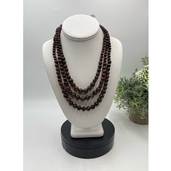 Red Tigers Eye Triple Strand Layered Sterling Silver Necklace New - Picture 2 of 16
